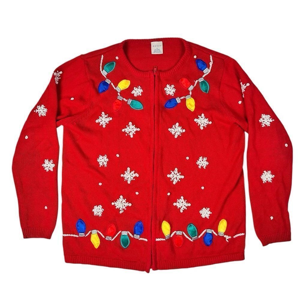 Vintage Avon Red Ugly Christmas Full Zip Knit Cardigan Snowflake Xmas Lights M